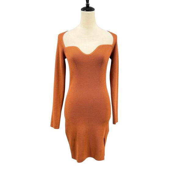 HYFVE Dresses & Skirts - Hyfve Brown Ribbed Knit Sweetheart Neckline Bodycon Long Sleeve Fall Mini Dress
